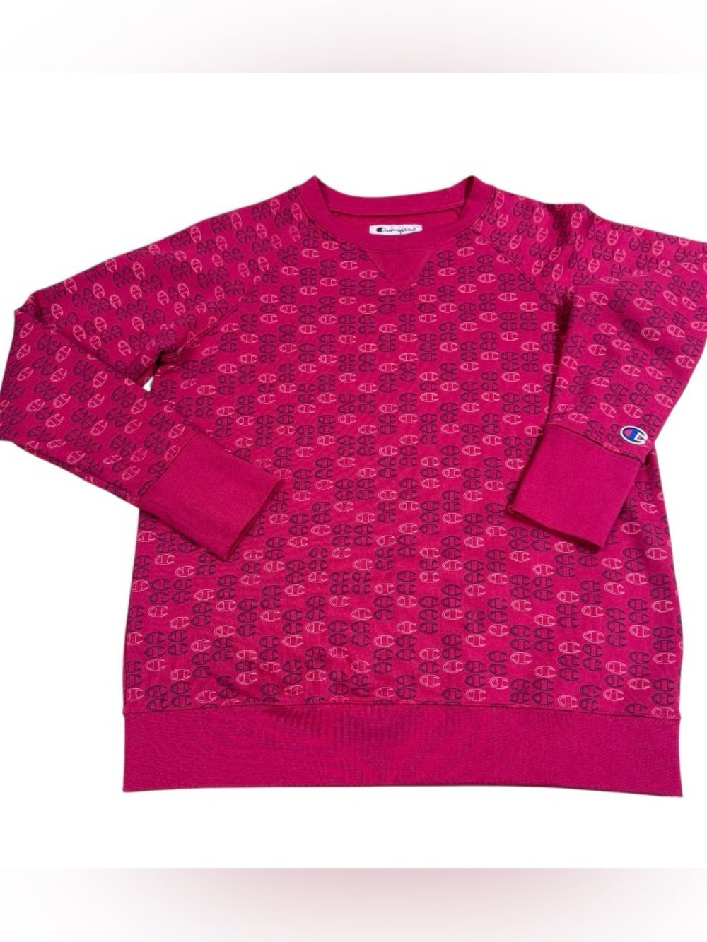 Champion Women's Hot Pink Logo-Print Crew Sweatshirt Fleece Lined S